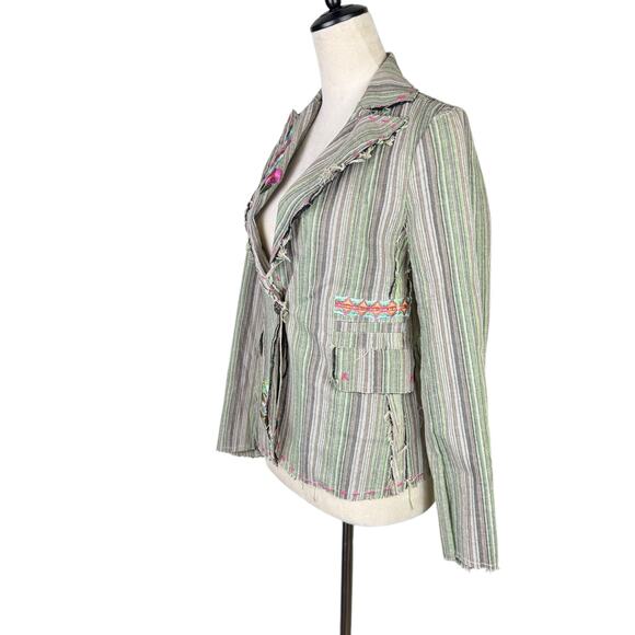 Aziz Green & Gray Stripe Distressed Edge Embroidered Flower Cotton Blazer Jacket - Picture 2 of 9